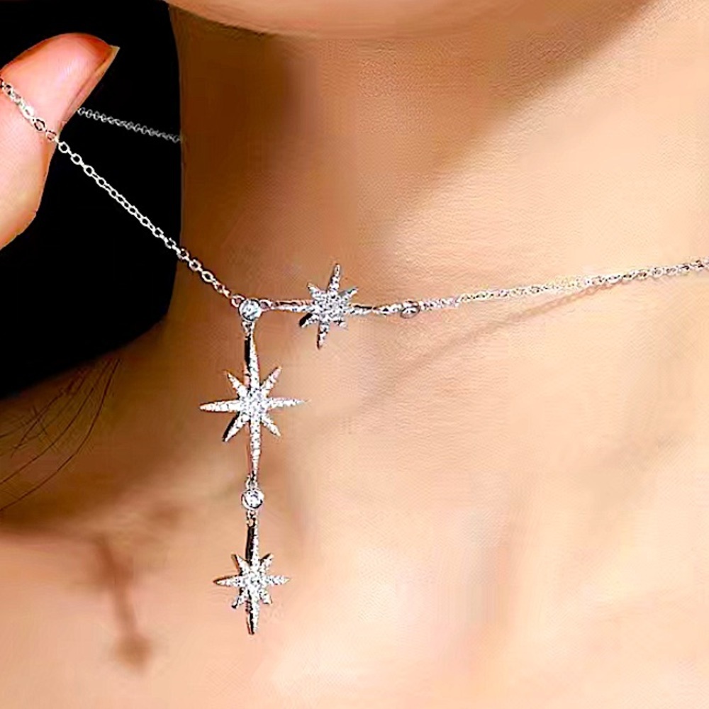 Silver Tone Silver Star Necklace Y-Drop Pavé North Star Celestial Jewelry
